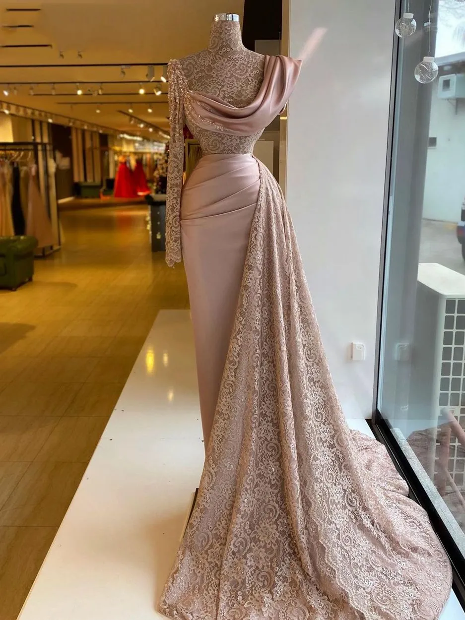 2022 One Long Sleeve Sheer Lace Prom Formal Evening Party Gown for Women Plus Size Elegent Pink Meimaid Evening Dresses Gowns Long 0330