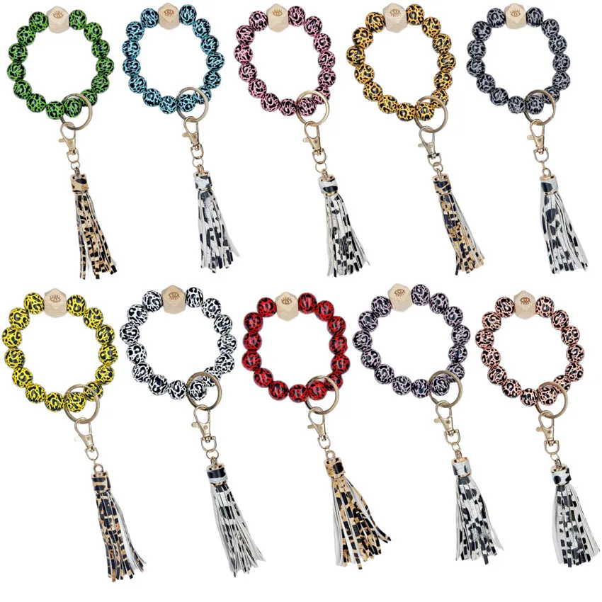 Деревянные браслеты из бисера Party Favor Leopard Print Keychain Handmade Leather Tassel Wristband Pendant Fashion Wristlet Браслеты Держатель Наручные кольца Ювелирные изделия B8196