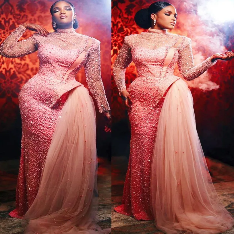 2022 Plus Size Arabic Aso Ebi Sparkly Sheath Pink Prom Dresses Pärled Crystals Evening Formal Party Second Reception Födelsedagsförlovningsklänningar klänning ZJ114