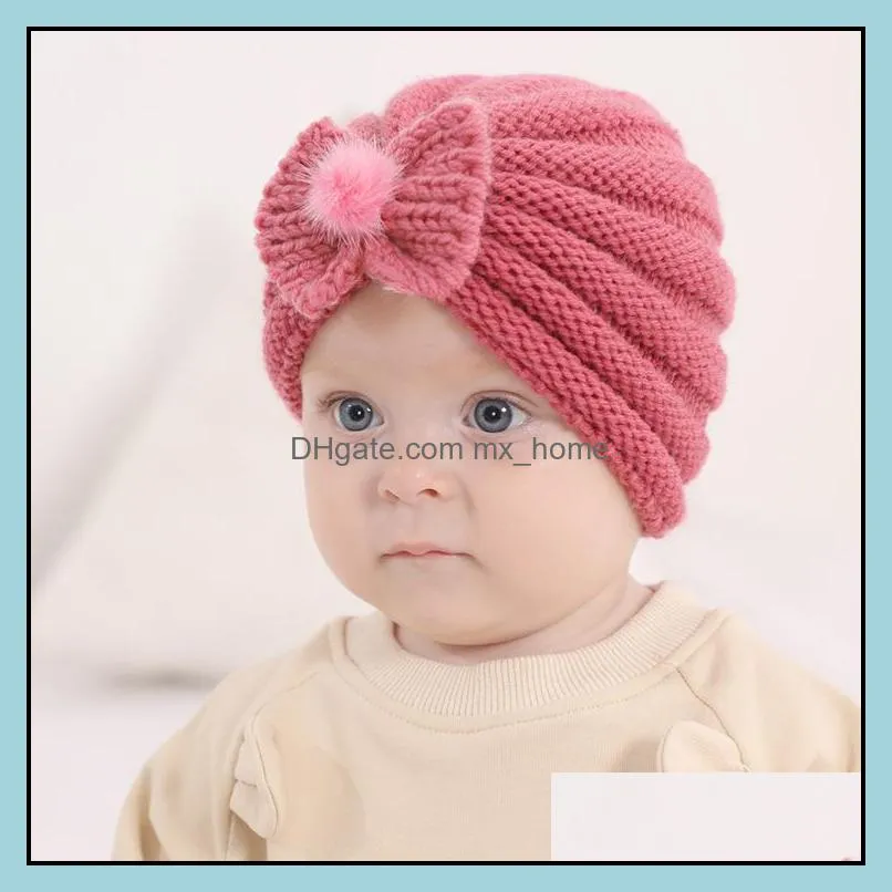 m386 new autumn winter baby kids knitted hat wool ball bowknot skull cap boys girls warm beanie children turban hats 21 colors