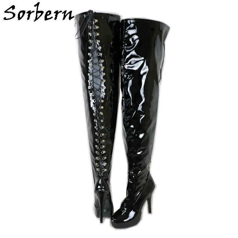 Sorbern bottes à lacets dos femmes fétiche talons hauts 15Cm entrejambe cuisse botte plate-forme bottes de danse Gay personnalisé jambes larges ou ajustées