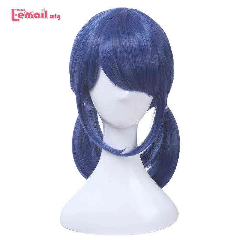 L-e-mail peruca de cabelo sint￩tico marinette cosplay azul escuro duplo rabo cavalo em linha reta halloween resistente ao calor220505