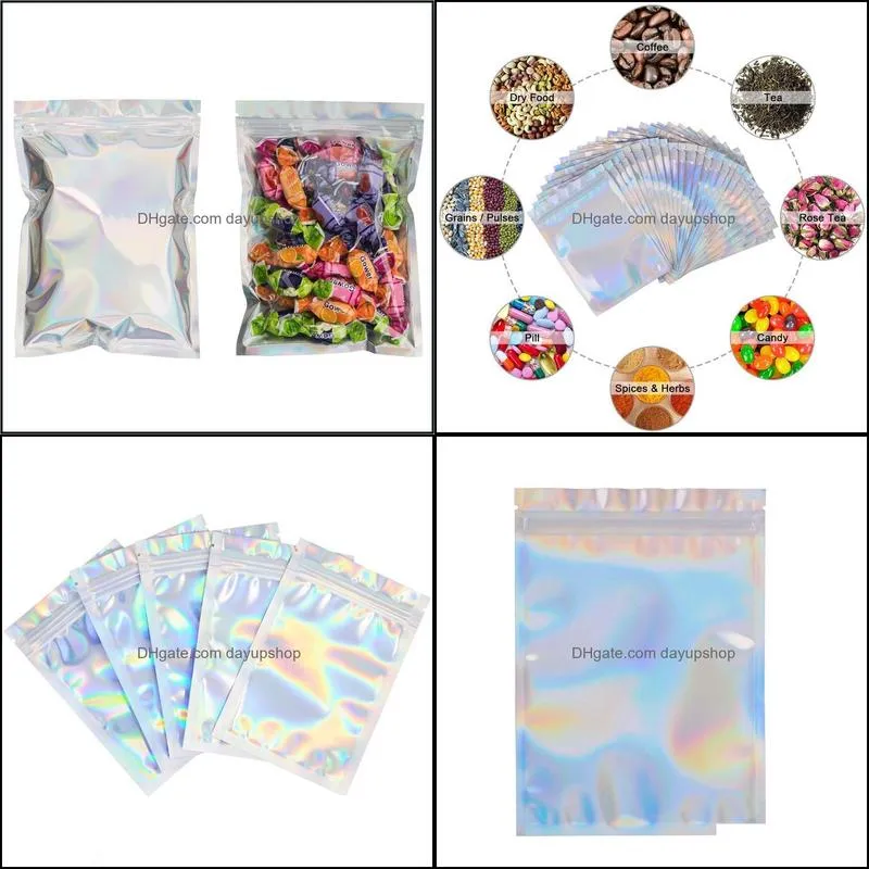 multiple sizes resealable smell proof bags foil pouch bag flat bag for party favor food storage, holographic