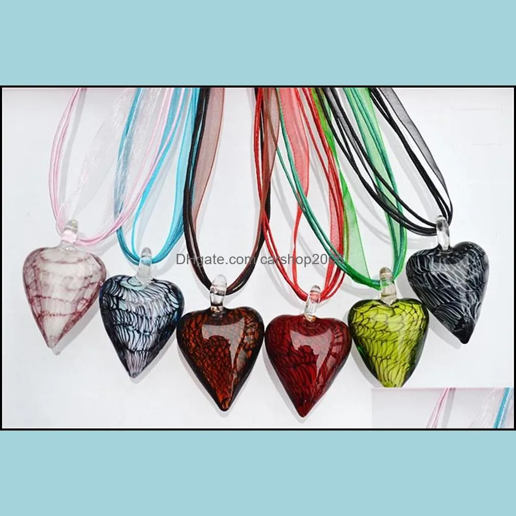 fashion wholesale 6pcs handmade murano lampwork glass mixed color pendants silk cords necklace