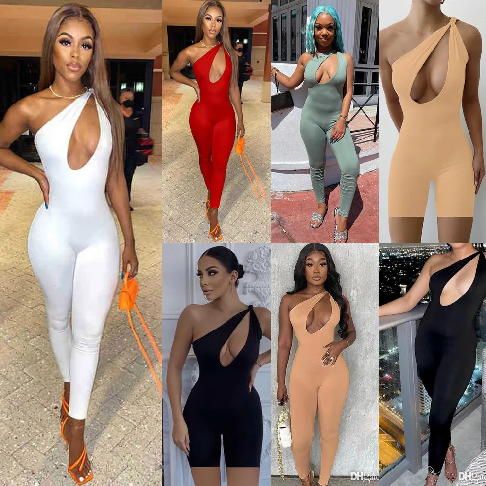 Diseñador Mujeres Monos Un Hombro Sexy Mameluco Elegante Moda Flaco Playsuit Jersey Cómodo Clubwear Irregular Kink Sin mangas Pantalones delgados 8510