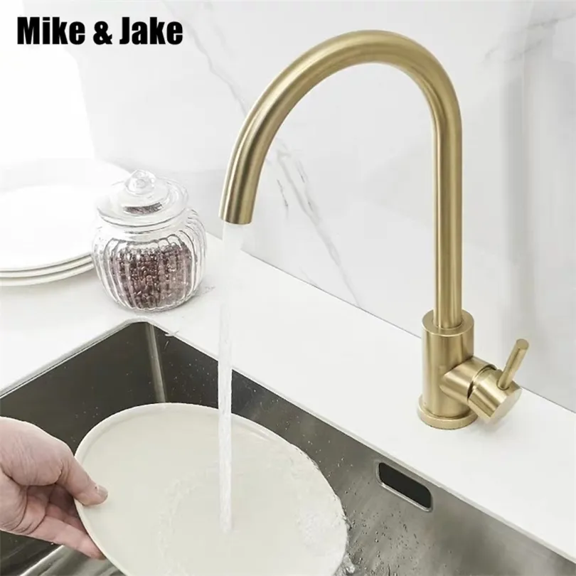 Gold brush kitchen faucet gold sus304 faucet single handle water tap gold brush sink tap cold and hot mixer tap MJ1109GB T200424