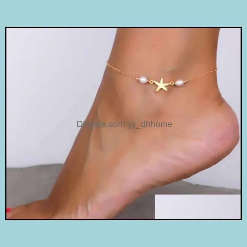 Anklets Jewelry Punk Ankle Bracelets 여자 여자 골드 시에 톤 불가사리 진주 발목 체인 풋 체인 요가 댄싱 드롭 배달 2021 2FDZ