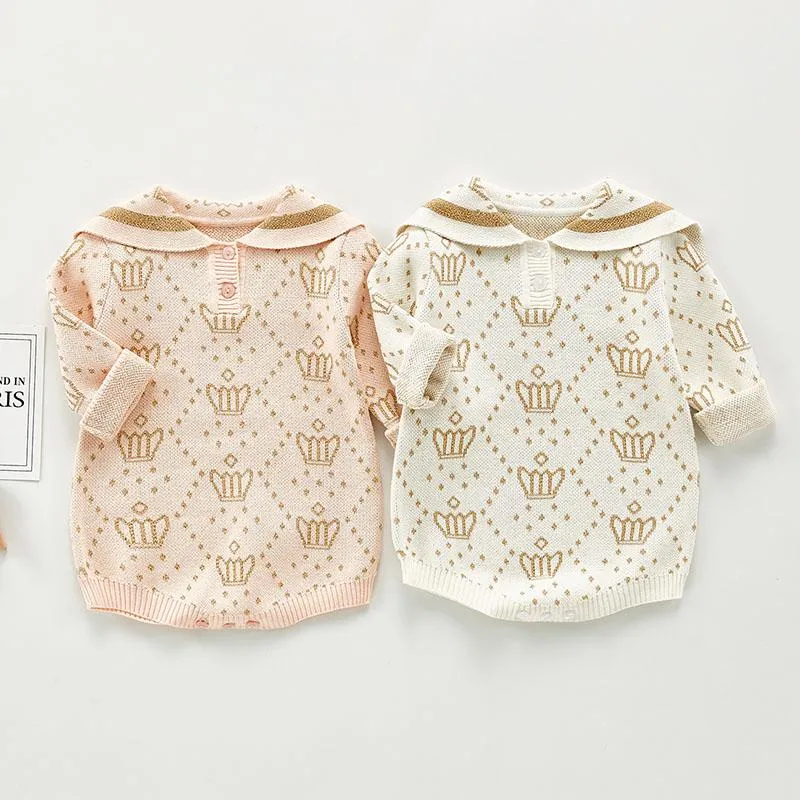 Jumpsuits 0-3 år Spring Autumn Baby Girls Long Sleeve Crown Rompers Jumpsuit kläder Kids Girl Printing Knit RompersJumpsuits