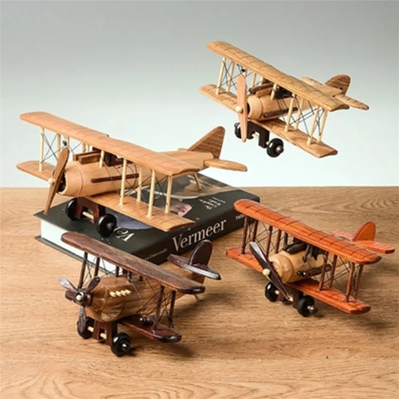 Retro hecho a mano de madera creativo hogar escritorio avión modelo decoración adornos niños entretenimiento juguetes 220621