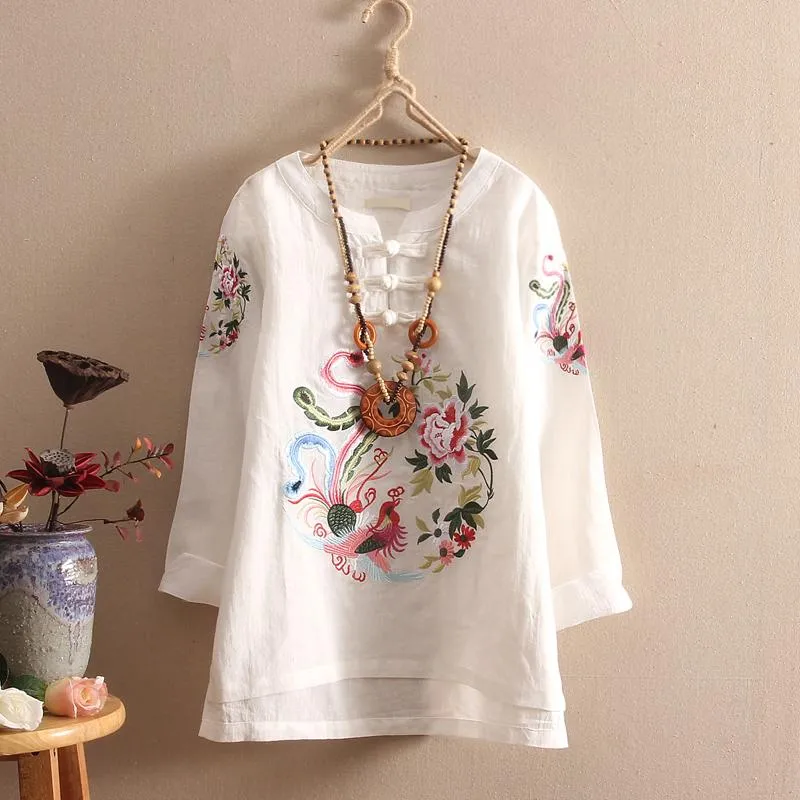 Женские блузкие рубашки национальная вышивка цветочных цветов Женская блузя китайская кнопка с длинным рукавом осенняя винтажная рубашка хлопковые льняные топы