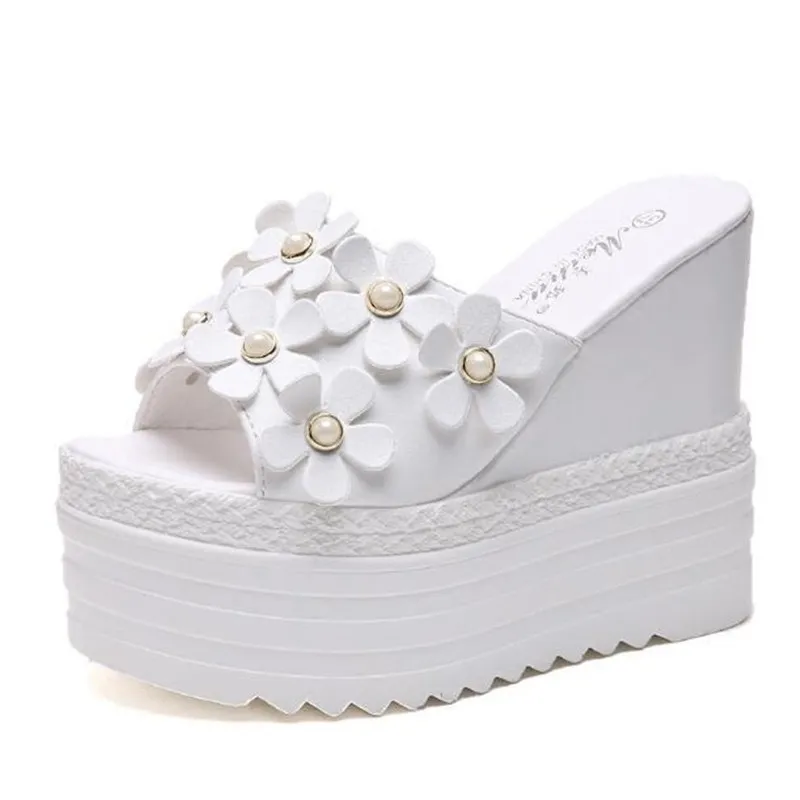 Super hoge vrouwen glides wig hiel 15 cm witte zwarte slippers platform zomer dames schoenen wiggen wiggen strand strandschoenen y200423