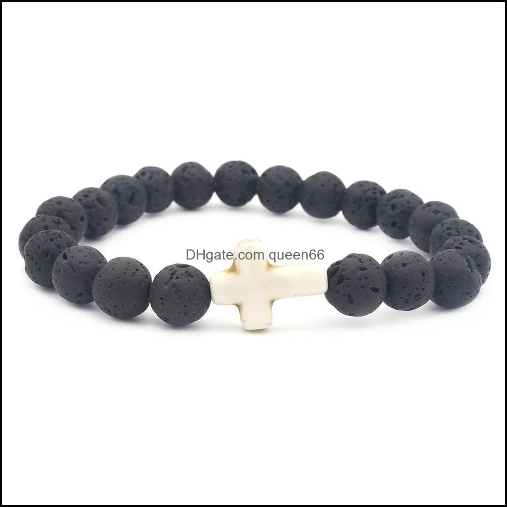 Natural Black Lava Stone Cross Bracelet DIY Aromatherapy Essential Oil Diffuser Bracelet for women men Jewelry