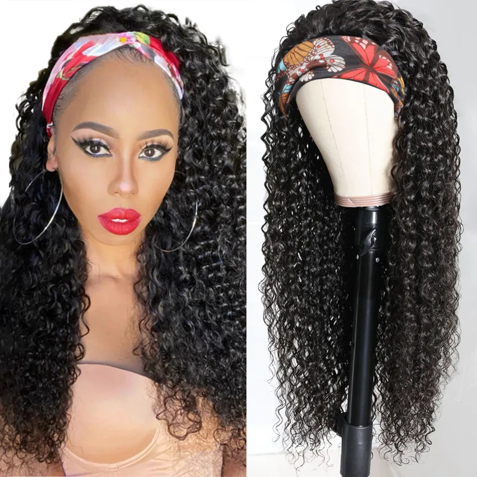 Water Wave sem gluus Human Wigs Indian Head Band Wig Para Mulheres Negras Cabelos Longos 10-30 polegadas peruca de faixa encaracolada