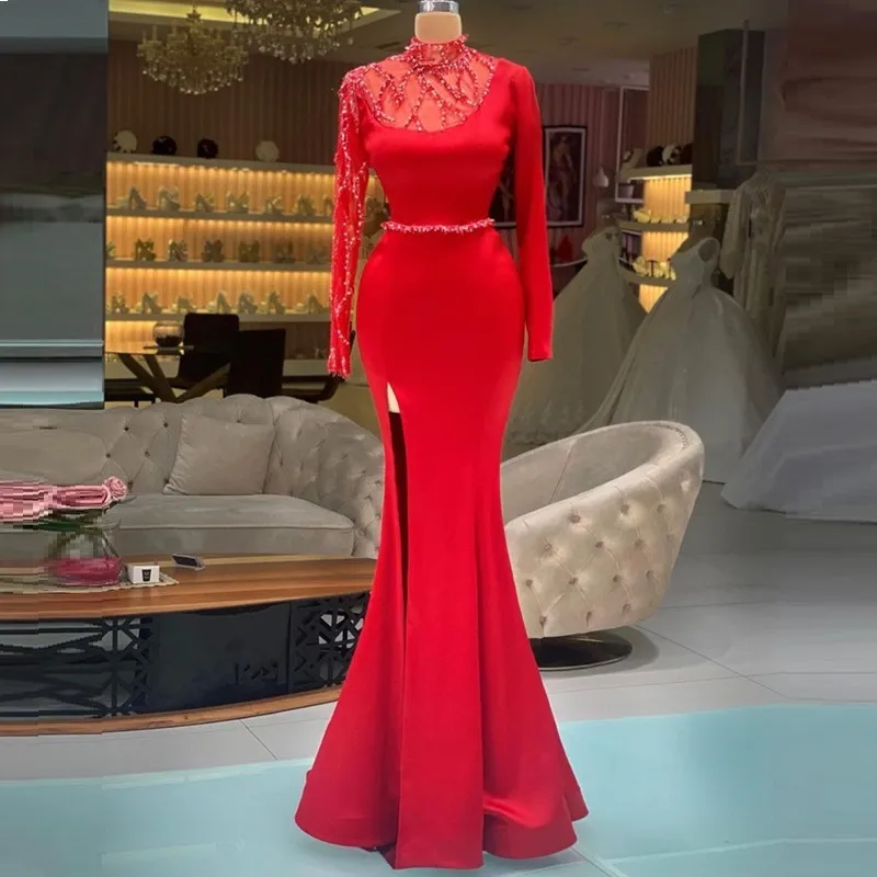 Vestidos De Noche Rojos De Manga Larga Cuello Alto Sirena Con