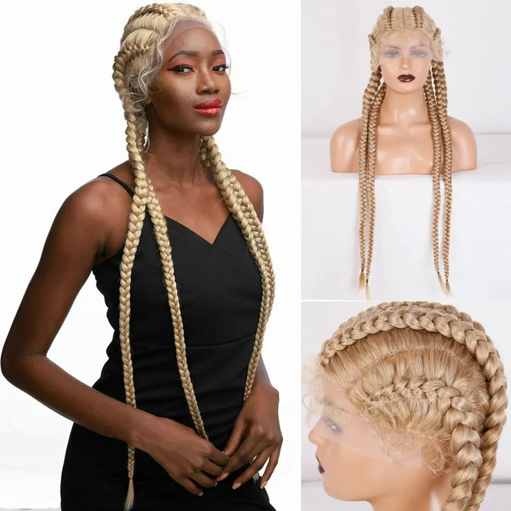 Synthétique Blonde Lace Front 4x Twist Tresses Perruques Boîte Tressée Ombre Blond Perruques pour Femmes Noires 30 Pouces Double Néerlandais Braids Wigss