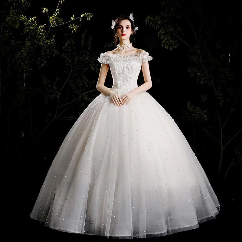 Autres robes de mariée élégante robe de cou de bateau luxe brillant perles robe de bal grande taille à lacets robes de mariée De Novia 2022