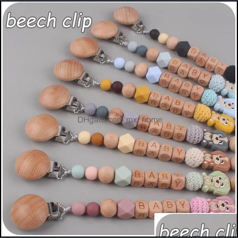 newborn baby pacifier clip beech wooden silicone teether nipple clips teething toy cartoon animal dog kids pacifier holder infant feeding silica gel anti-out