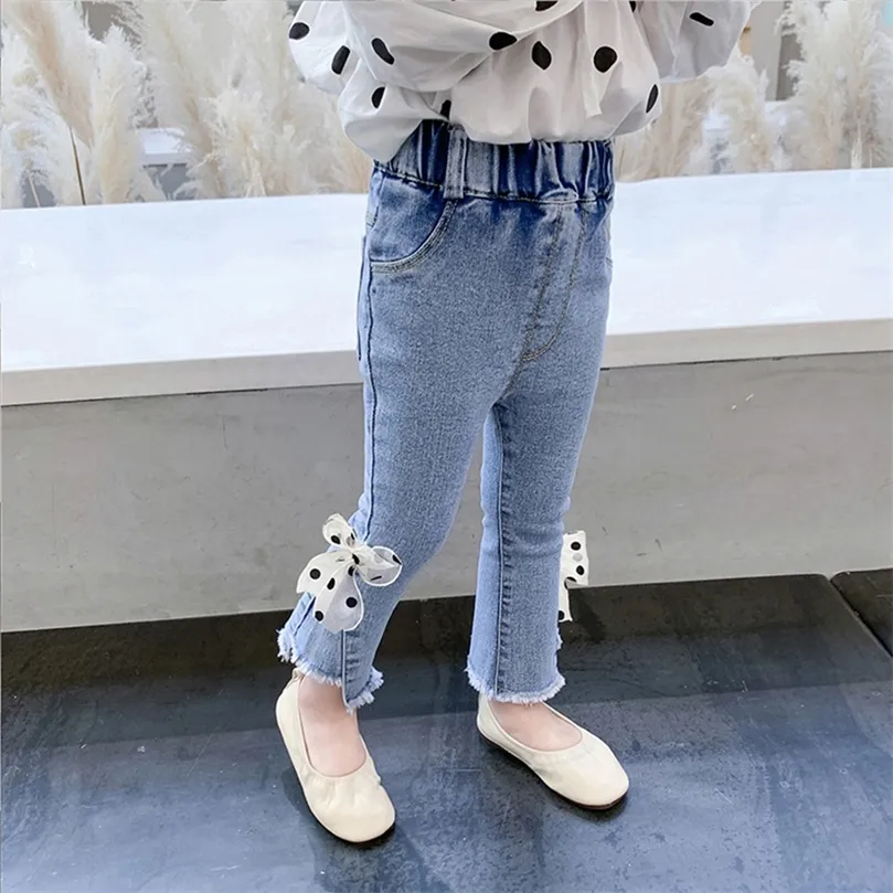 Dżinsy dla dziewcząt Big Bow Toddler Girl Dians Dot Jeansy for Kids Girl Casual Style Ubrania 210412