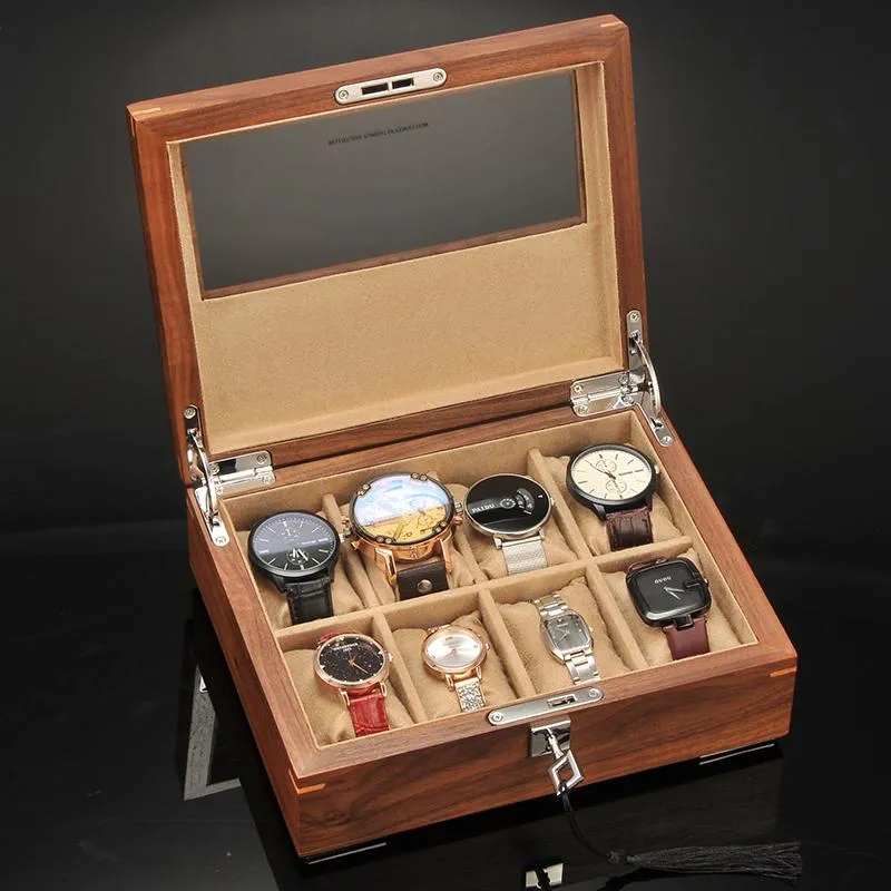 Boîtes à montres 8 grilles Boîte en bois de couleur marron de haute qualité pour hommes avec rangement verrouillable en verre