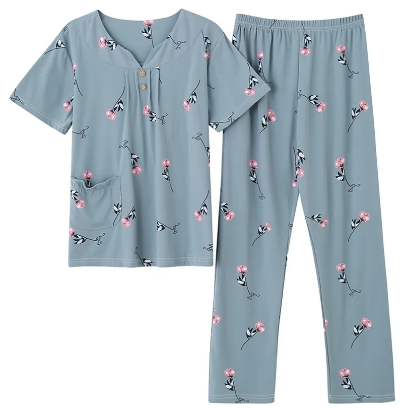 Plus la taille 4XL 2 pièces d'été femmes vêtements de nuit complet pur coton pyjama ensemble à manches courtes vêtements de nuit pyjamas costume femme Homewear T200429