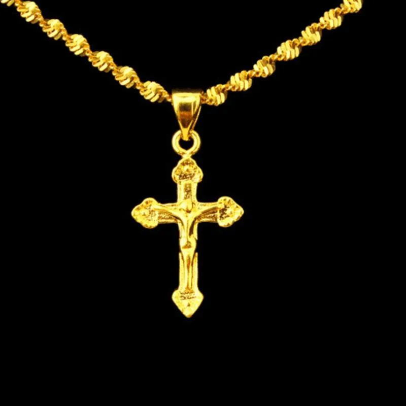 Pendant Necklaces Small Cross Yellow Gold Filled Women Men Crucifix Chain Fashion JewelryPendant