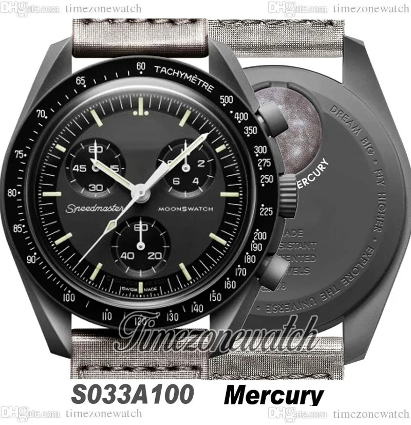 바이오 세라믹 문지기 스위스 스위스 quqrtz 크로노 그래프 남성은 SO33A100 Mission to Mercury Real Black Ceramic Metallic Grey Nylon Box Super Edition TimezoneWatch와 함께 시청합니다.