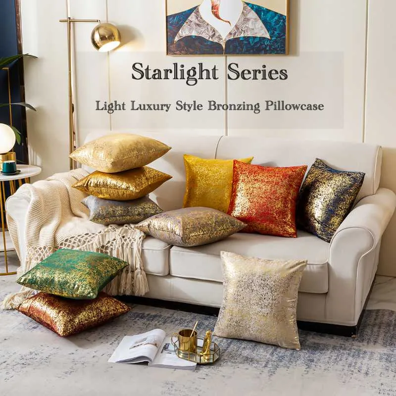 Federa per cuscino Serie Starlight Bronzing Light-Luxury Federa corta in peluche Cuscino per divano con stampa dorata per cuscini quadratiCuscino