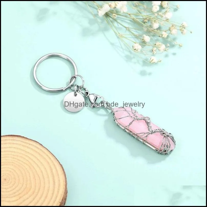 natural stone wrap tree of life hexagonal prism key rings keychains healing rose crystal car decor keyholder for women men 49x12x13mm