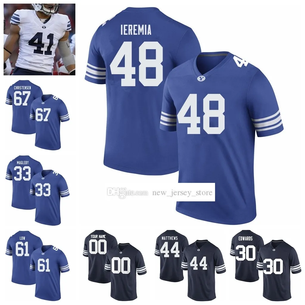 Custom S-6XL NCAA BYU Футбольные майки College Cougars 3 Джарен Холл 5 Даллин Холкер 21 Джексон Макчесни 15 Ник Биллаупс 41 Кинан Пили 2 Бен Байуотер 55 Лоренцо Фауатеа