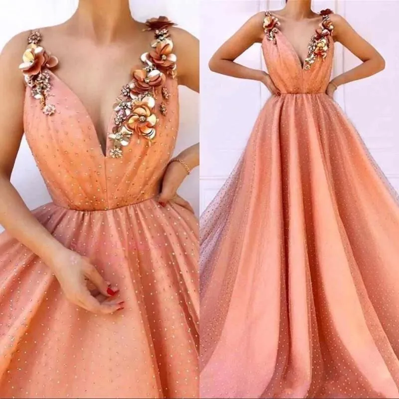 2022 vestidos de baile de coral com flores uma linha espaguete alça de espaguete pérolas pétala flora longant vestido de noite