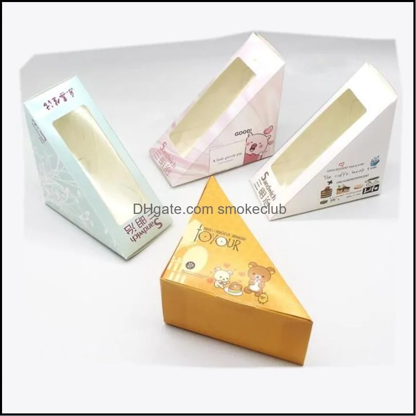 Disposable Sandwich Packaging Box Cartoon Printed Triangle Shape Sandwich Breakfast Paper packing boxes with PET Window 188 N2