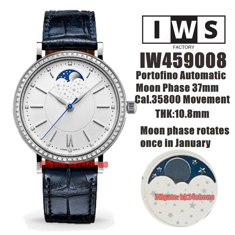 Hochwertige IWSF-Uhren, 37 mm, Edelstahl, Mondphase, Kal. 35800, automatische Damenuhr 459008, Diamantlünette, weißes Zifferblatt, Lederarmband, Damenarmbanduhren