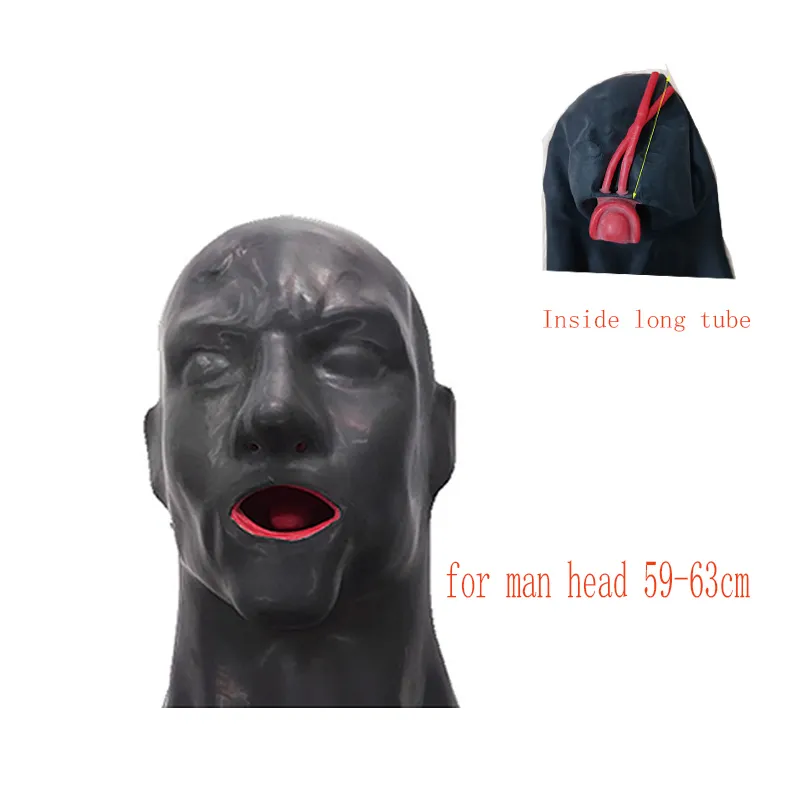 3D Latex Hood Rubber Mask Closed Eyes Fetish with Red Mouth Gag Plug Sheath Tongue Nose Tube Long and Short for Men 220715