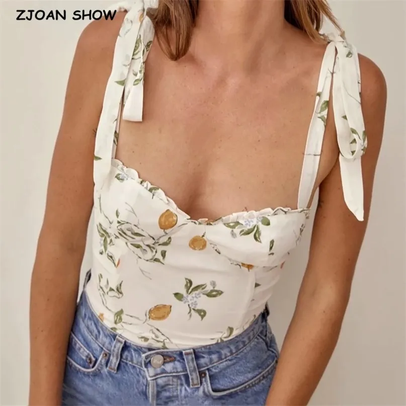 French Tie Bow Strap Fresh Floral Print Cami Summer Ruched Short Tank Tops Retro Cool Girl Sexy Slim Crop Top Tees 220519