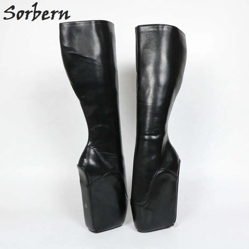 Sorbern Matte Black Ballet Wedge Women Boots Knee High Drop