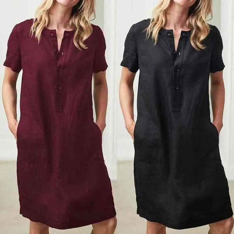 Solid Color Women Straight Type Loose Short Sleeve Cotton Linen Baggy Tunic Shirt Kaftan Knee Length Dress L220705