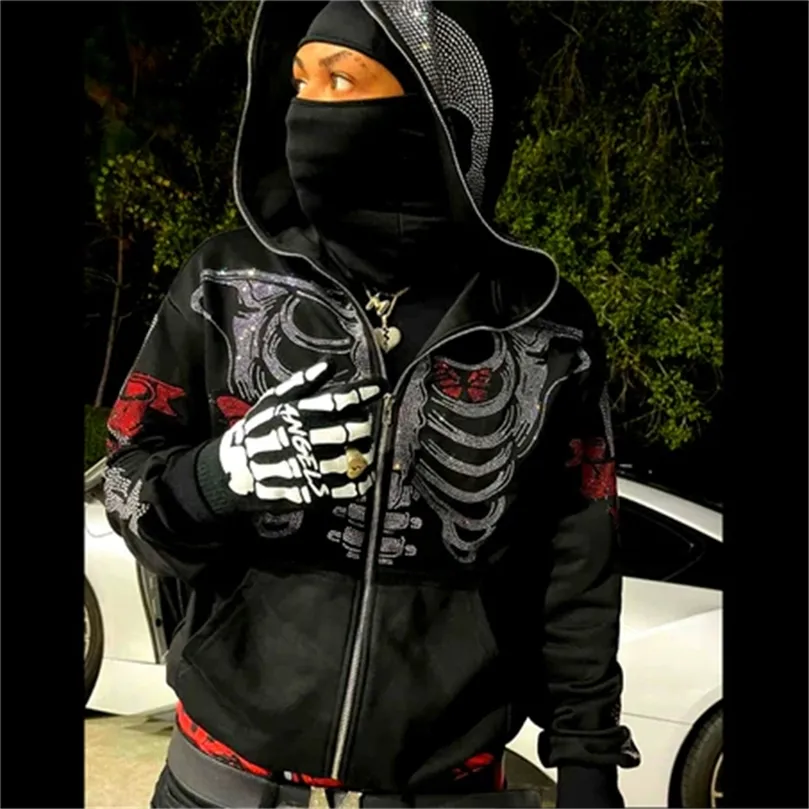 Zip Hoodie Erkekler Y2K Hoodie Moda Hoodies Goth rhinestones Kelebek İskelet Uzun Kollu Sweatshirt Büyük Boy Üst 220721 yazdır