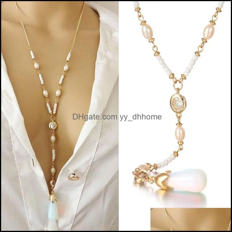pendant necklaces fashion long moonstone pearl necklace chain bone women apparel accessories sweater wholesalependant