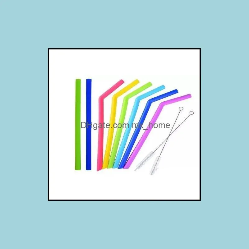 25CM Colorful silicone straw straight bend drinking straw eco-friendly reusable straws cleaning brush for home party bar accessories