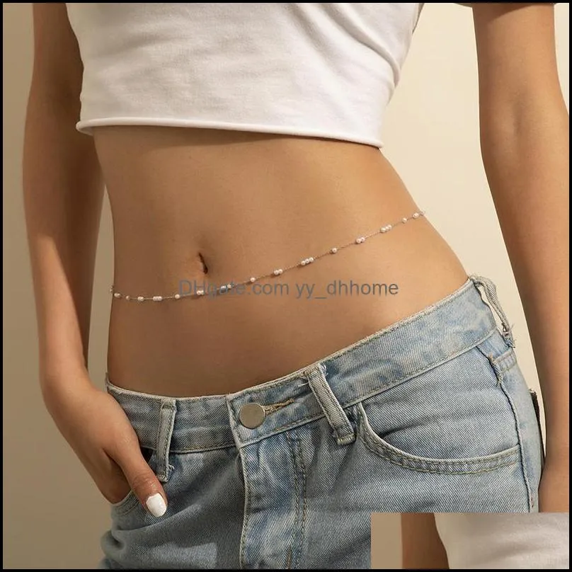Sexy cold wind small rice grain pearl Belly Chains flow geometric metal-chain single layer body chain Body Jewelry panties Design Retro Metal