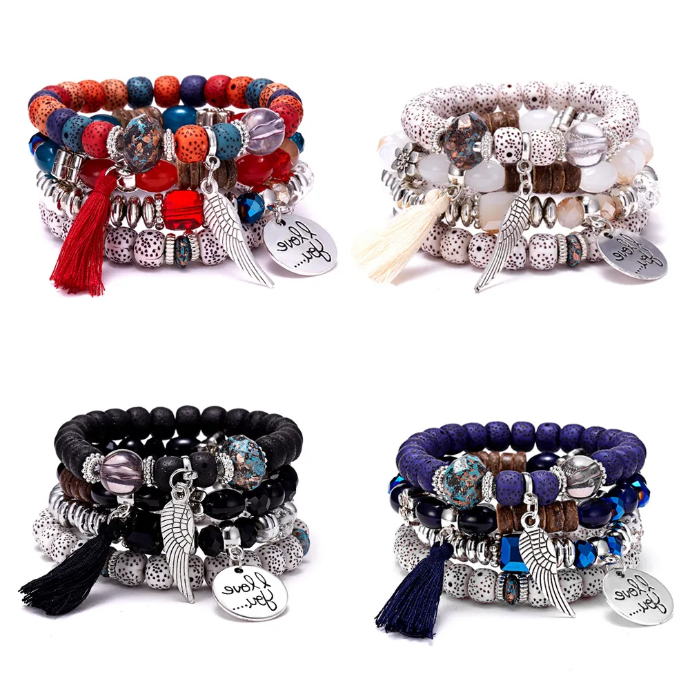 4 pcs/set strands Crystal multi-layer contrast Turquoise Bracelet leaf alloy tassel