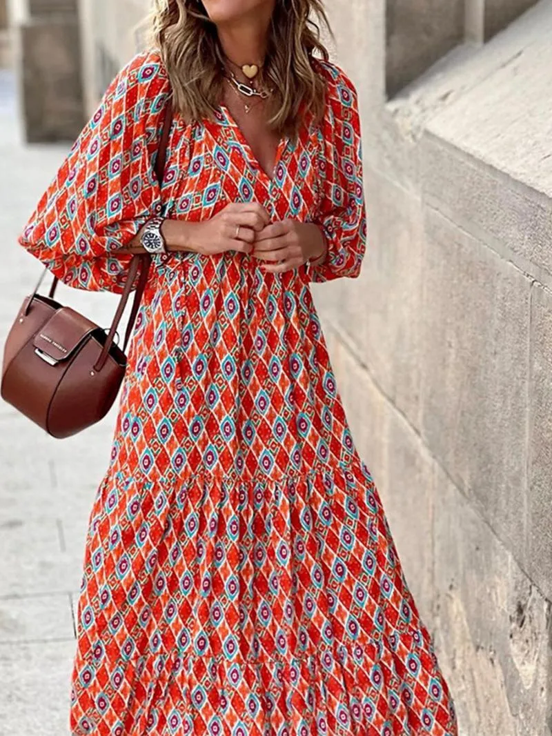 Casual Dresses Summer Fashion Printed Maxi Dress Women Puff Sleeve Vintage Loose Long Party Female Elegant Beach Boho Dress Casual