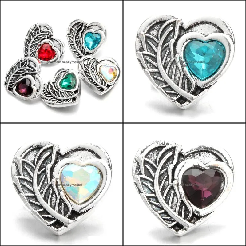 Vintage Heart Snap Button Jewelry Components Colorful Rhinestone 18mm Metal Snaps Buttons Fit Bracelet Bangle Noosa H29