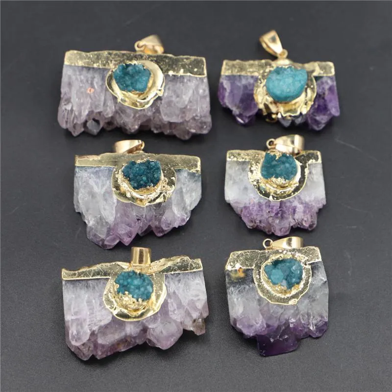 Colliers pendants Améthystes en pierre naturelle Slice Druzys Agates Designer Charmes Blue Crystal Quartz Collier mâle SlA de Géode Male Géode Femmes 6PCS