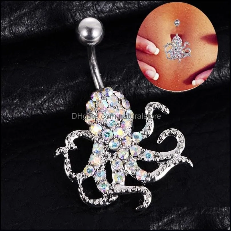 diamond 316l stainless steel octopus navel belly button ring silver shine body piercing jewelry