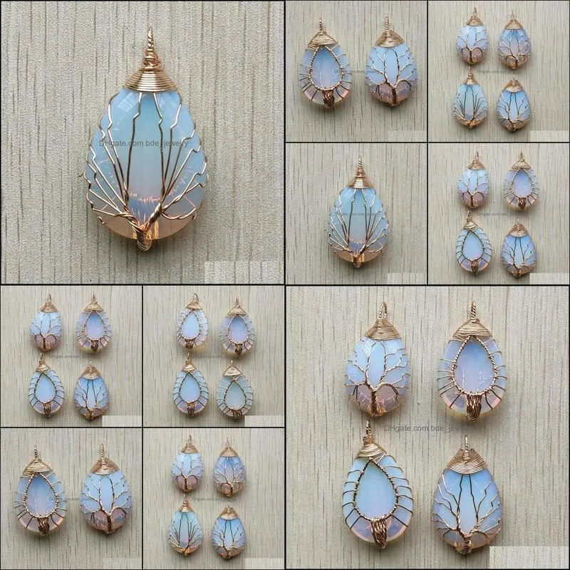 gold color opalite opal wire wrap handmade tree of life charms natural stone pendants diy necklace jewelry making