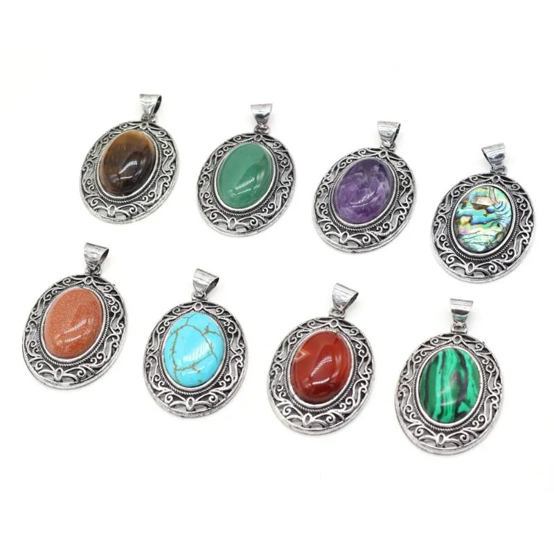 Pendant Necklaces Natural Stone Egg Shape Turquoises Rose Quartzs Reiki Heal Charm For Necklace Earring Jewelry Making Women Gift 33x45mm