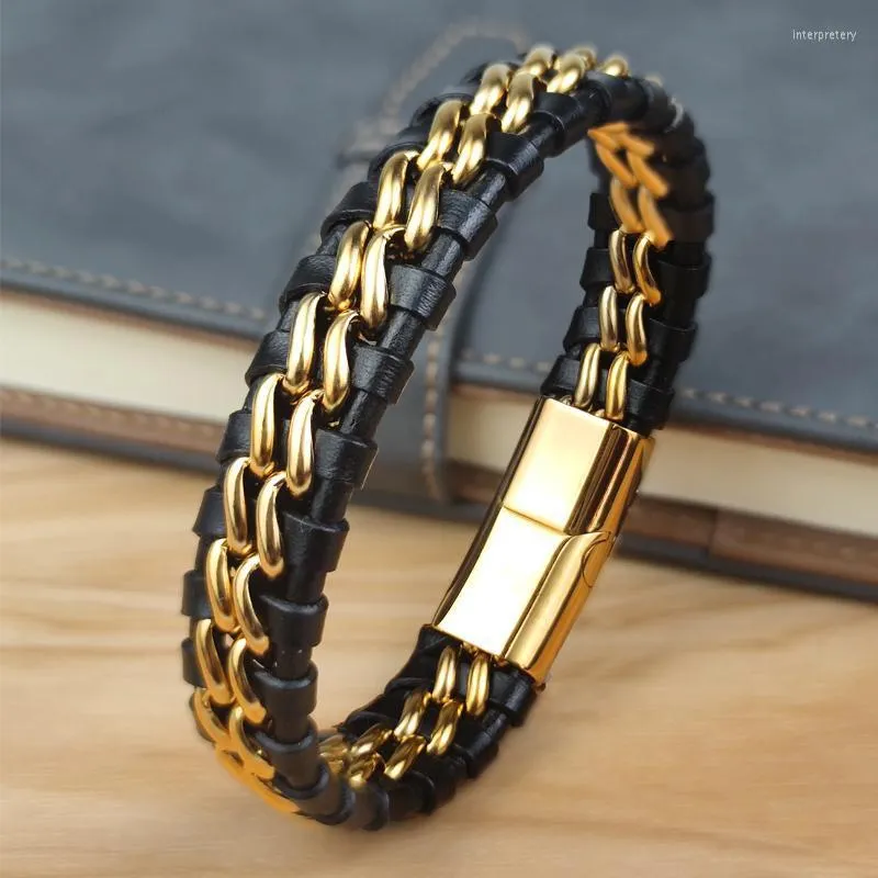Bracelets porte-bonheur Bracelet chaîne en cuir véritable pour homme Fermoir magnétique en acier inoxydable Noir Argent Or Exclusif Bijoux IdeaCharm Int