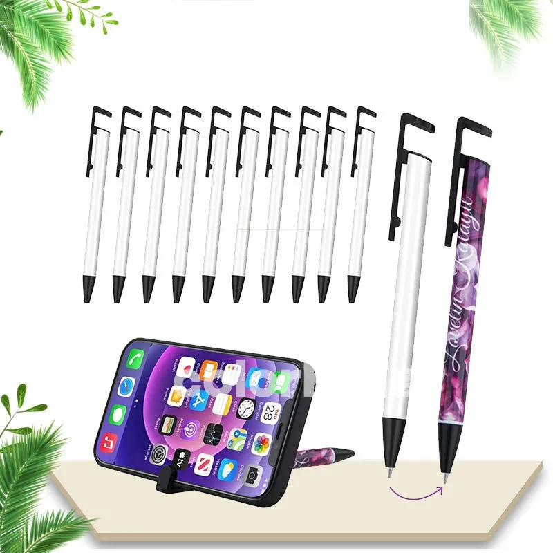 blank DIY shrink Wrap Sublimation Ink Pens with Mobile Phone Stand heat shrink film Coated Aluminum white full printing ball pen