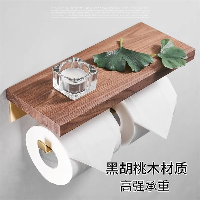 Multi-function Double Toilet paper holder wall moounted Mobile phone rack black walnut wood Bathroom creative tissue roll holder T200425